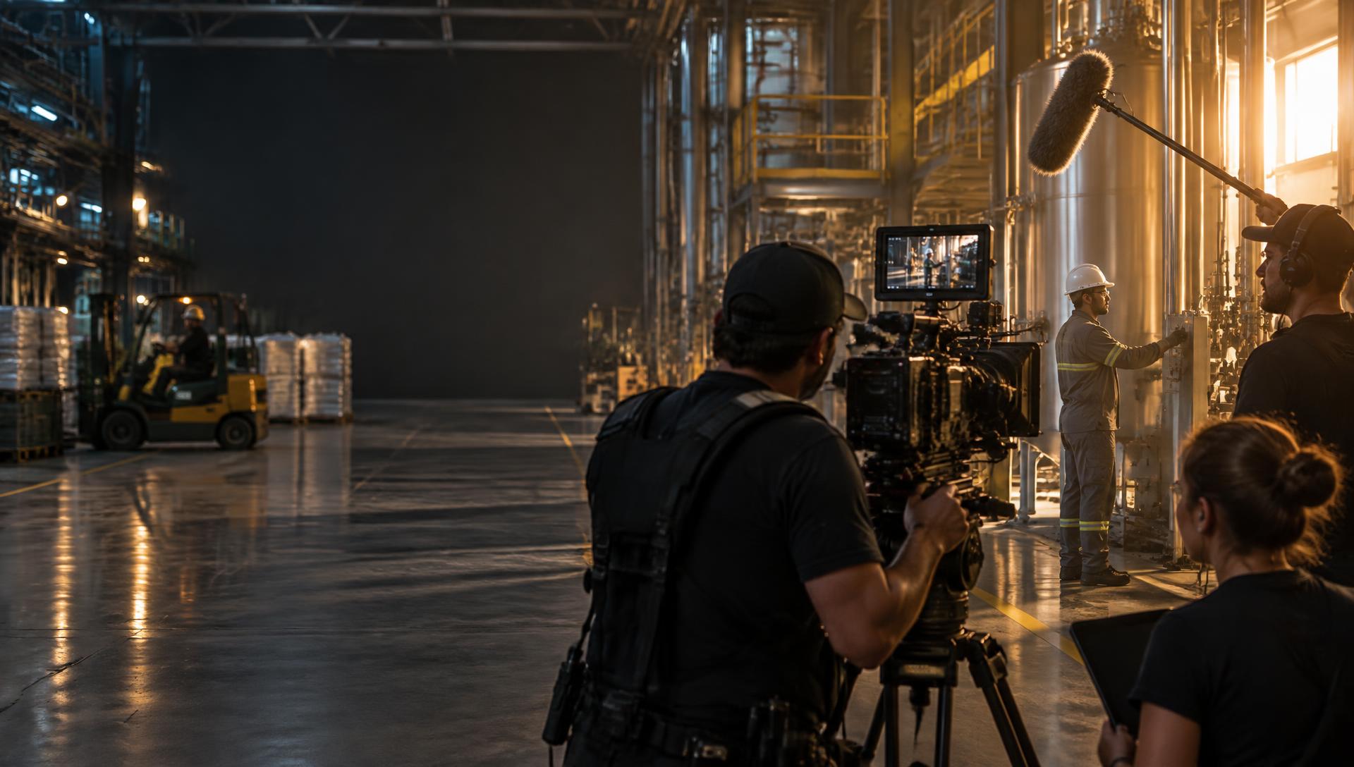 Equipe audiovisual filmando uma operação industrial
